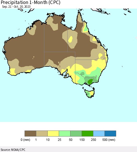 Australia Precipitation 1-Month (CPC) Thematic Map For 9/21/2023 - 10/20/2023
