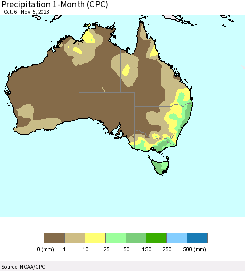 Australia Precipitation 1-Month (CPC) Thematic Map For 10/6/2023 - 11/5/2023