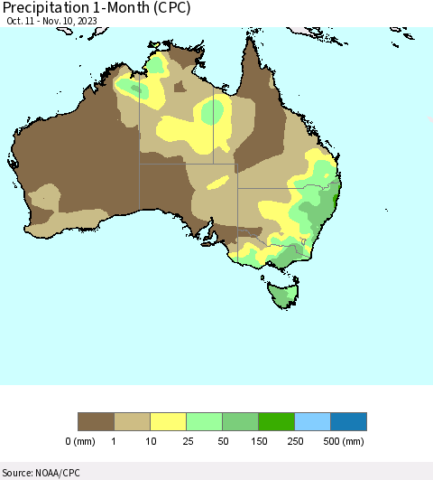 Australia Precipitation 1-Month (CPC) Thematic Map For 10/11/2023 - 11/10/2023