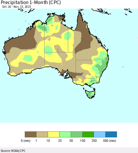 Australia Precipitation 1-Month (CPC) Thematic Map For 10/16/2023 - 11/15/2023