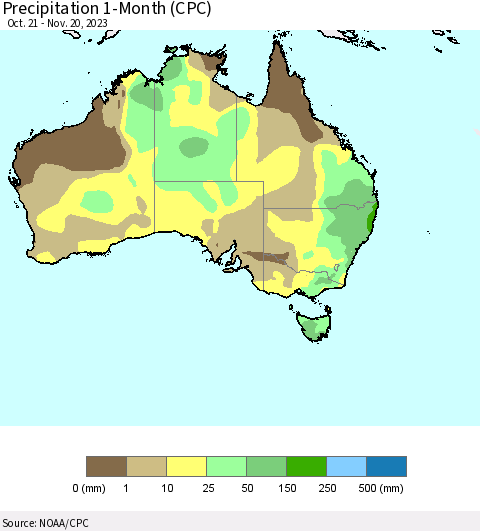 Australia Precipitation 1-Month (CPC) Thematic Map For 10/21/2023 - 11/20/2023