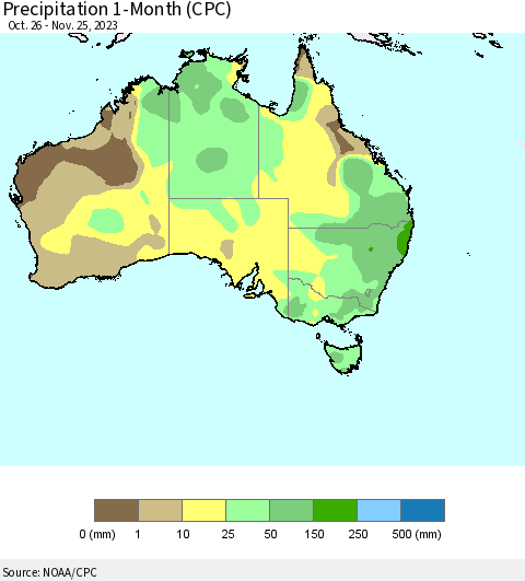 Australia Precipitation 1-Month (CPC) Thematic Map For 10/26/2023 - 11/25/2023