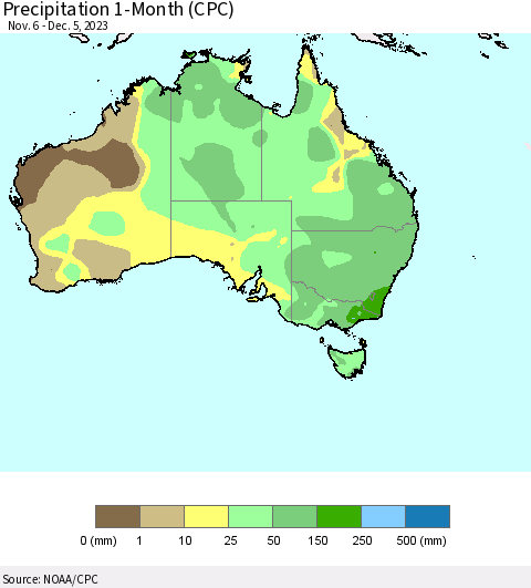 Australia Precipitation 1-Month (CPC) Thematic Map For 11/6/2023 - 12/5/2023