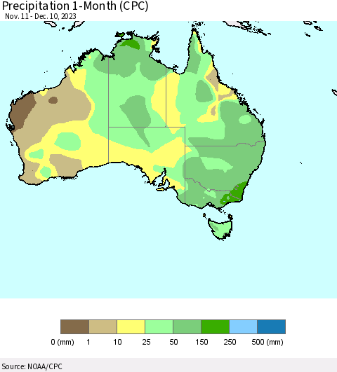 Australia Precipitation 1-Month (CPC) Thematic Map For 11/11/2023 - 12/10/2023