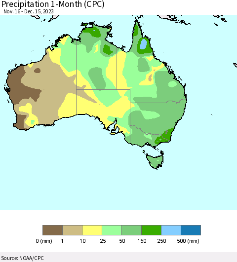 Australia Precipitation 1-Month (CPC) Thematic Map For 11/16/2023 - 12/15/2023