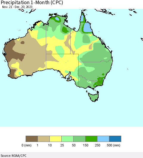 Australia Precipitation 1-Month (CPC) Thematic Map For 11/21/2023 - 12/20/2023