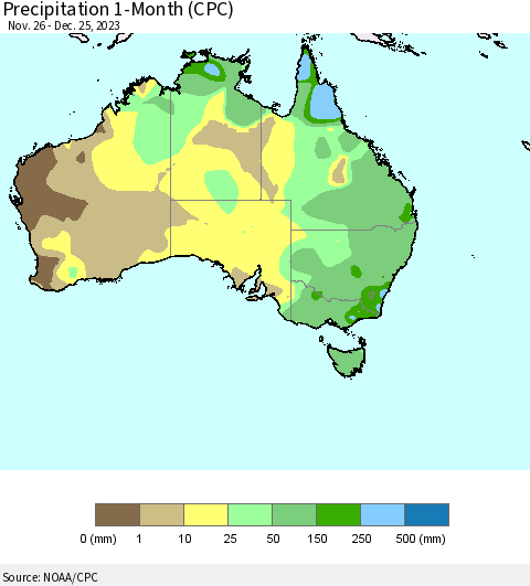 Australia Precipitation 1-Month (CPC) Thematic Map For 11/26/2023 - 12/25/2023