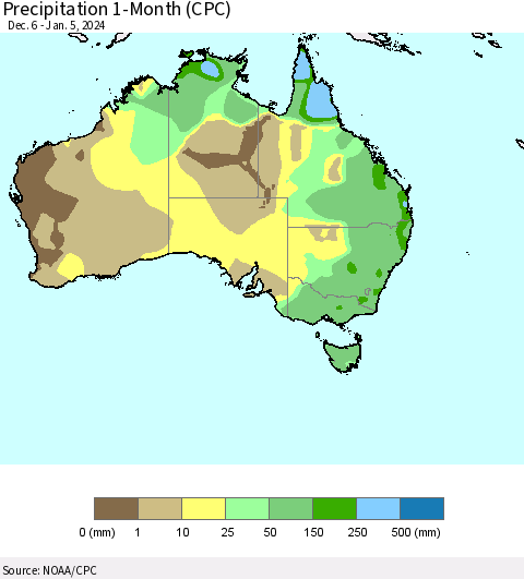 Australia Precipitation 1-Month (CPC) Thematic Map For 12/6/2023 - 1/5/2024