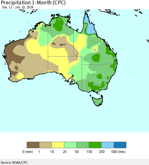 Australia Precipitation 1-Month (CPC) Thematic Map For 12/11/2023 - 1/10/2024