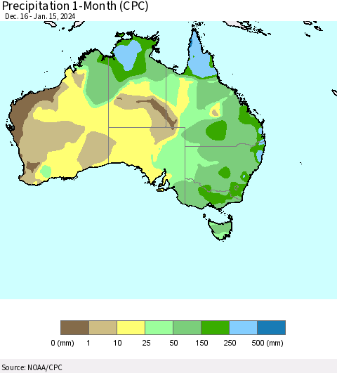 Australia Precipitation 1-Month (CPC) Thematic Map For 12/16/2023 - 1/15/2024