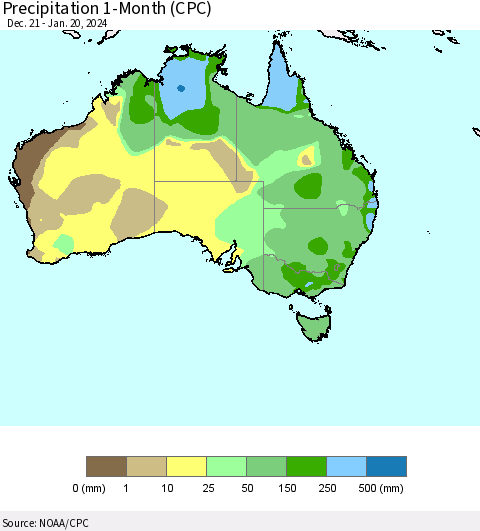 Australia Precipitation 1-Month (CPC) Thematic Map For 12/21/2023 - 1/20/2024
