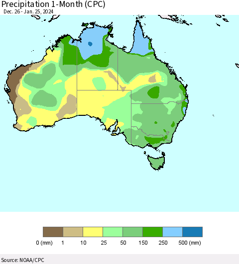 Australia Precipitation 1-Month (CPC) Thematic Map For 12/26/2023 - 1/25/2024