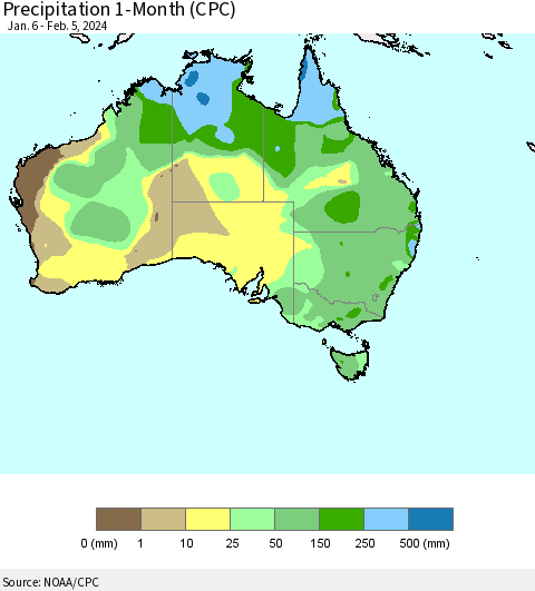 Australia Precipitation 1-Month (CPC) Thematic Map For 1/6/2024 - 2/5/2024