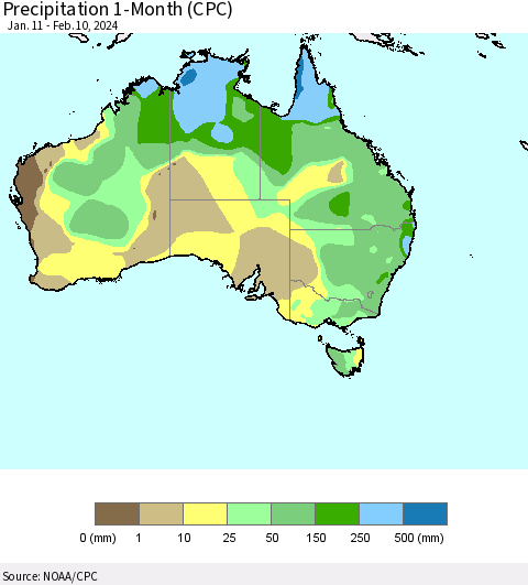 Australia Precipitation 1-Month (CPC) Thematic Map For 1/11/2024 - 2/10/2024