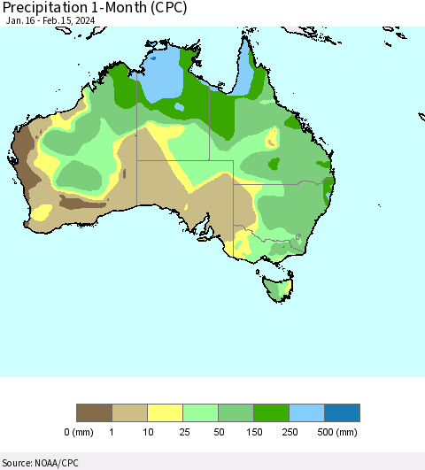 Australia Precipitation 1-Month (CPC) Thematic Map For 1/16/2024 - 2/15/2024