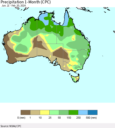 Australia Precipitation 1-Month (CPC) Thematic Map For 1/21/2024 - 2/20/2024