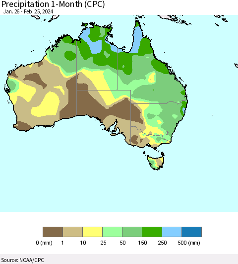 Australia Precipitation 1-Month (CPC) Thematic Map For 1/26/2024 - 2/25/2024