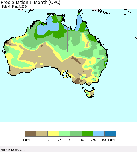 Australia Precipitation 1-Month (CPC) Thematic Map For 2/6/2024 - 3/5/2024