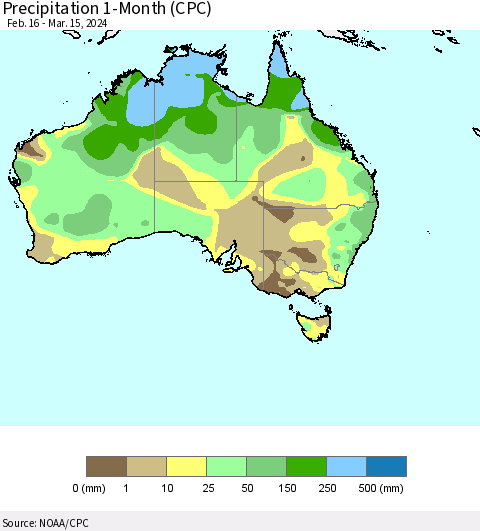 Australia Precipitation 1-Month (CPC) Thematic Map For 2/16/2024 - 3/15/2024