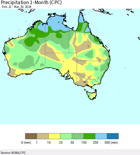 Australia Precipitation 1-Month (CPC) Thematic Map For 2/21/2024 - 3/20/2024