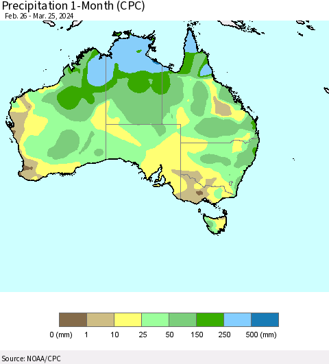 Australia Precipitation 1-Month (CPC) Thematic Map For 2/26/2024 - 3/25/2024