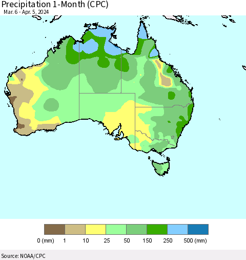 Australia Precipitation 1-Month (CPC) Thematic Map For 3/6/2024 - 4/5/2024