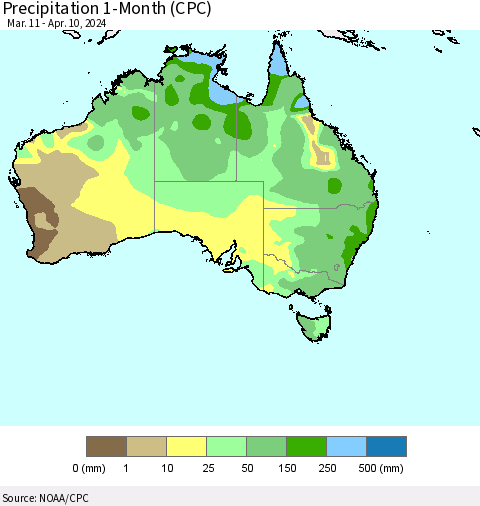 Australia Precipitation 1-Month (CPC) Thematic Map For 3/11/2024 - 4/10/2024