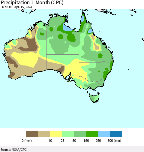 Australia Precipitation 1-Month (CPC) Thematic Map For 3/16/2024 - 4/15/2024