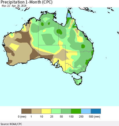 Australia Precipitation 1-Month (CPC) Thematic Map For 3/21/2024 - 4/20/2024
