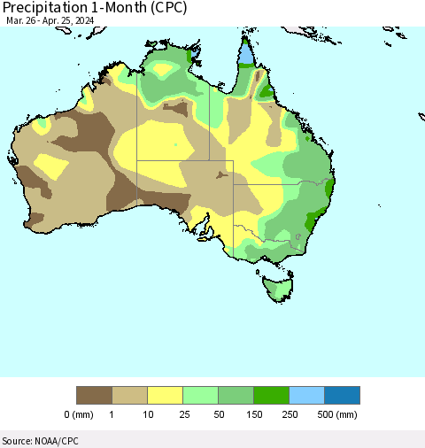 Australia Precipitation 1-Month (CPC) Thematic Map For 3/26/2024 - 4/25/2024