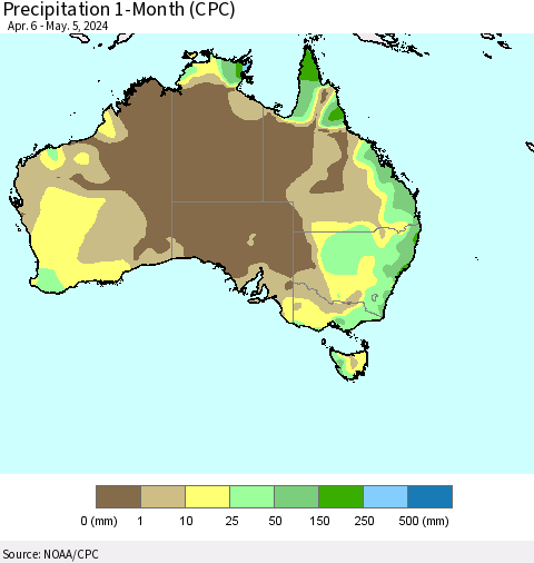 Australia Precipitation 1-Month (CPC) Thematic Map For 4/6/2024 - 5/5/2024