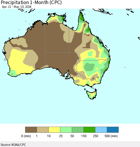 Australia Precipitation 1-Month (CPC) Thematic Map For 4/11/2024 - 5/10/2024