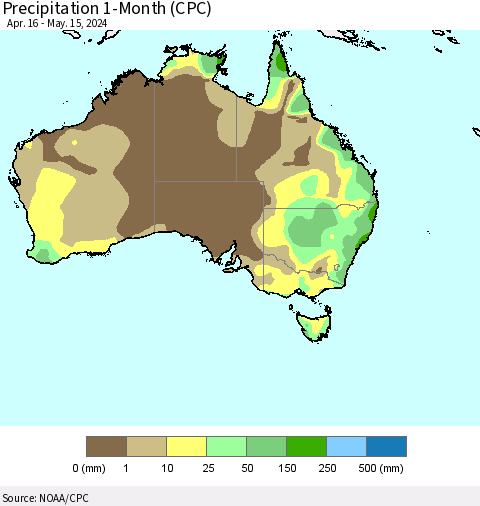 Australia Precipitation 1-Month (CPC) Thematic Map For 4/16/2024 - 5/15/2024