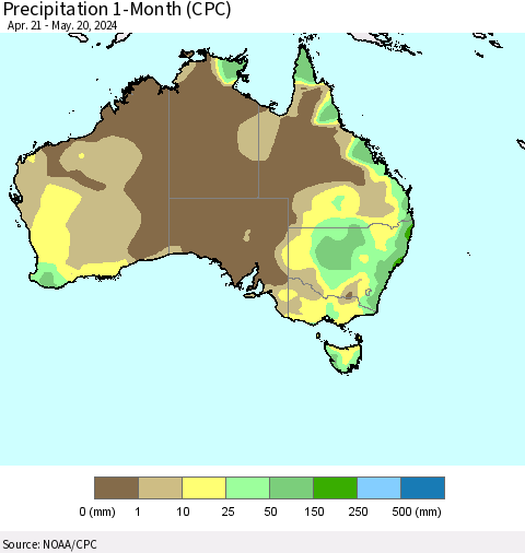 Australia Precipitation 1-Month (CPC) Thematic Map For 4/21/2024 - 5/20/2024
