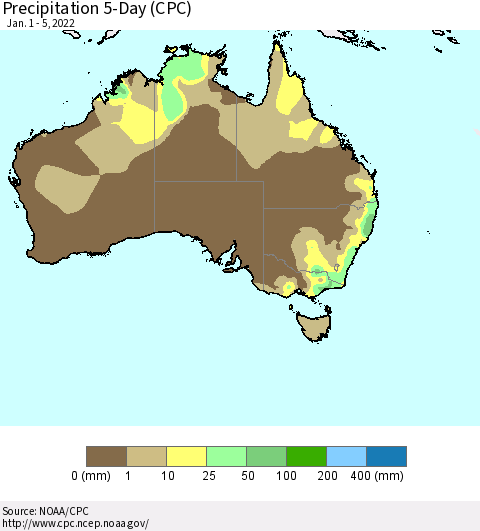 Australia Precipitation 5-Day (CPC) Thematic Map For 1/1/2022 - 1/5/2022