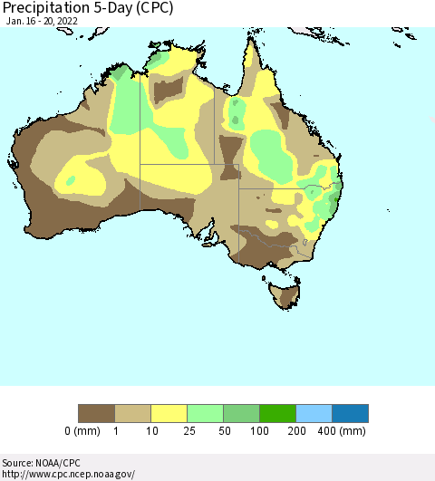 Australia Precipitation 5-Day (CPC) Thematic Map For 1/16/2022 - 1/20/2022