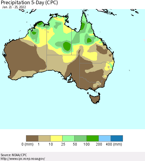 Australia Precipitation 5-Day (CPC) Thematic Map For 1/21/2022 - 1/25/2022