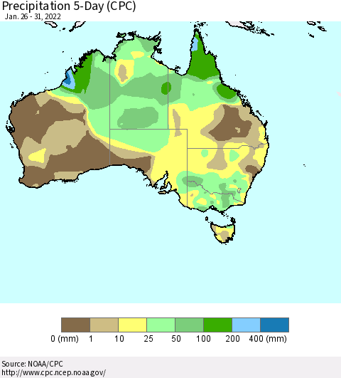 Australia Precipitation 5-Day (CPC) Thematic Map For 1/26/2022 - 1/31/2022