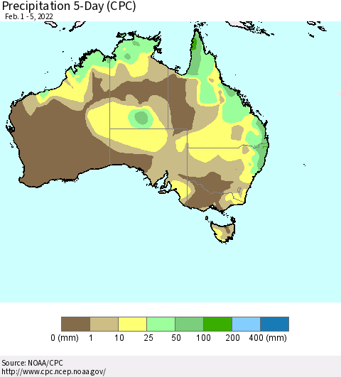 Australia Precipitation 5-Day (CPC) Thematic Map For 2/1/2022 - 2/5/2022