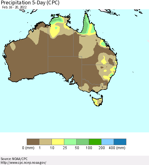 Australia Precipitation 5-Day (CPC) Thematic Map For 2/16/2022 - 2/20/2022