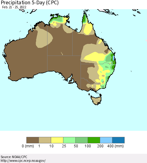 Australia Precipitation 5-Day (CPC) Thematic Map For 2/21/2022 - 2/25/2022