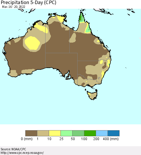 Australia Precipitation 5-Day (CPC) Thematic Map For 3/16/2022 - 3/20/2022