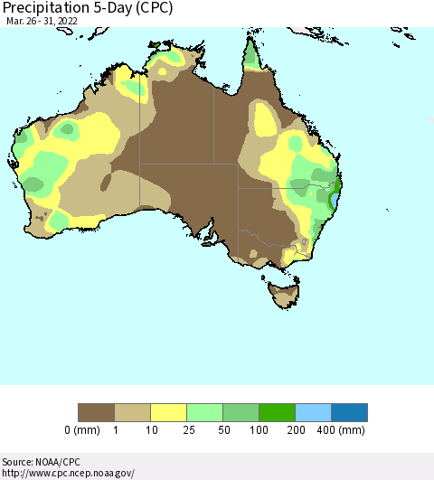 Australia Precipitation 5-Day (CPC) Thematic Map For 3/26/2022 - 3/31/2022