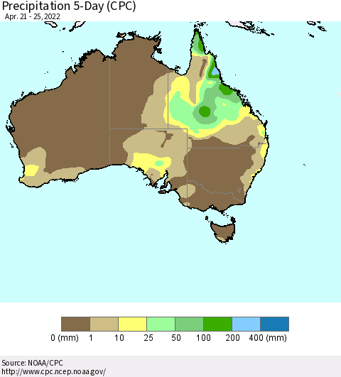 Australia Precipitation 5-Day (CPC) Thematic Map For 4/21/2022 - 4/25/2022