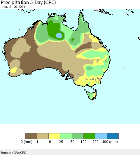 Australia Precipitation 5-Day (CPC) Thematic Map For 1/16/2024 - 1/20/2024