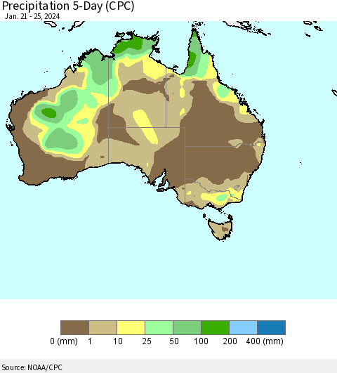 Australia Precipitation 5-Day (CPC) Thematic Map For 1/21/2024 - 1/25/2024