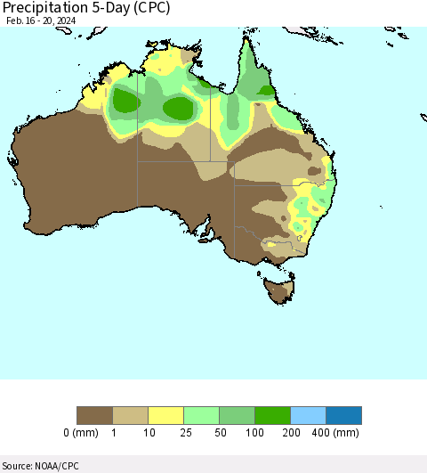 Australia Precipitation 5-Day (CPC) Thematic Map For 2/16/2024 - 2/20/2024