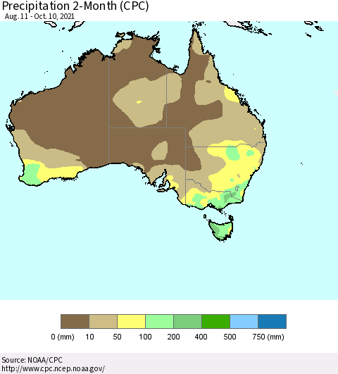 Australia Precipitation 2-Month (CPC) Thematic Map For 8/11/2021 - 10/10/2021