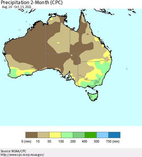 Australia Precipitation 2-Month (CPC) Thematic Map For 8/16/2021 - 10/15/2021