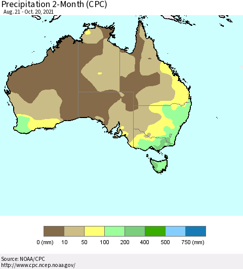 Australia Precipitation 2-Month (CPC) Thematic Map For 8/21/2021 - 10/20/2021